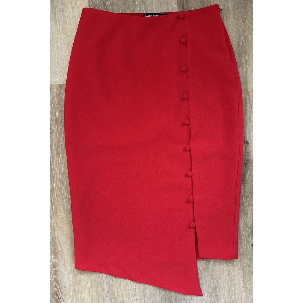 Allen Schwartz Red Asymmetrical Pencil Skirt Covered Buttons Size‎ 4 USA